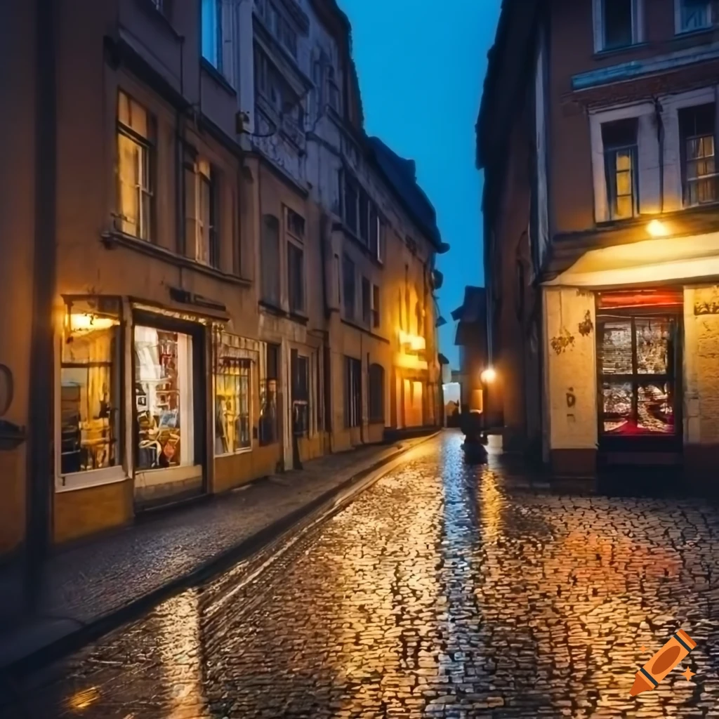 cobblestone street with shops and dim lights