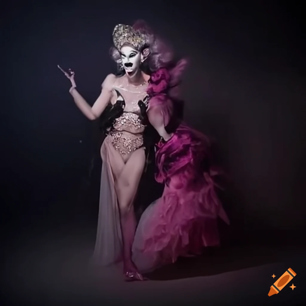 fierce Drag Queen in a haunted-themed runway costume