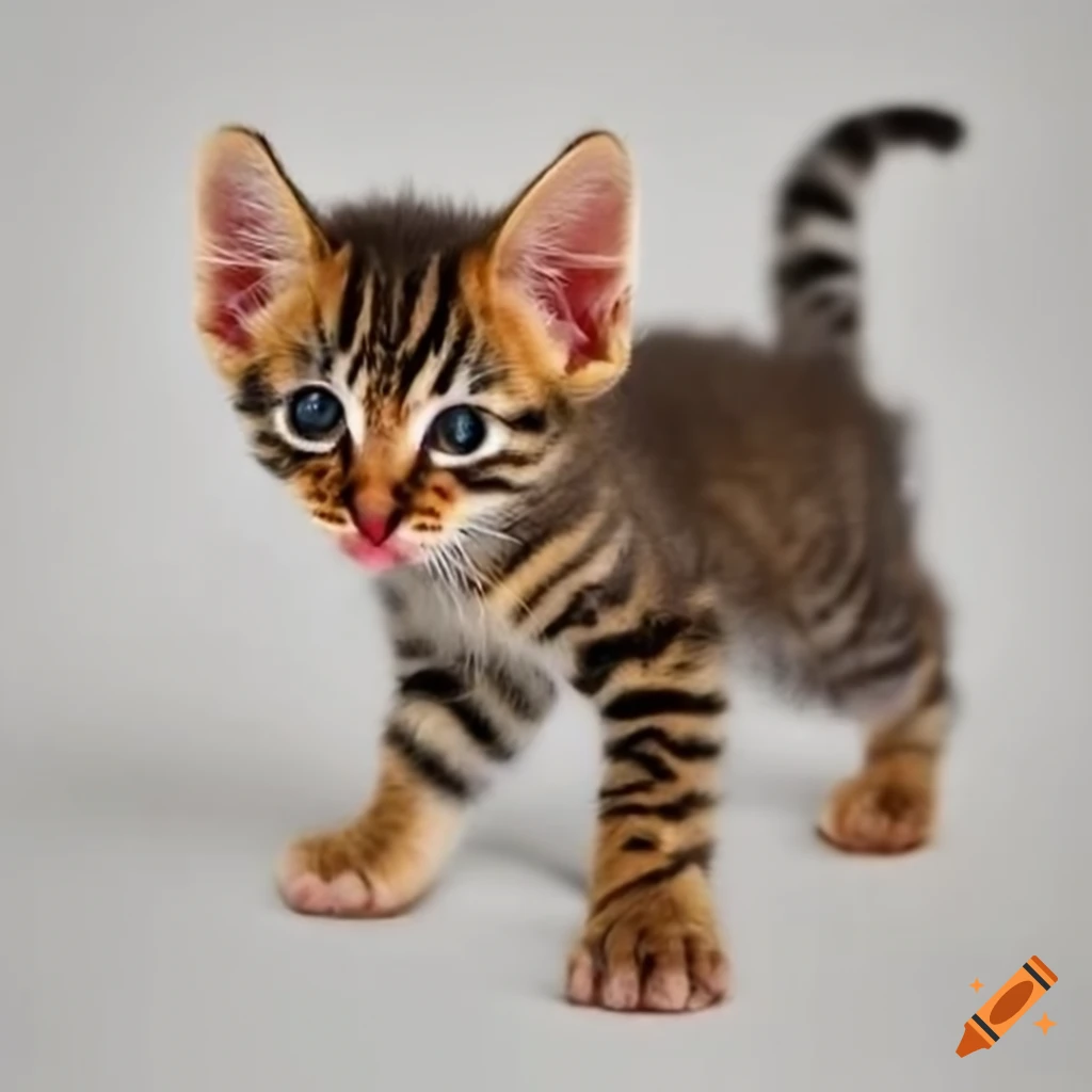 A baby tiger cat with black body - but her hands, feet, chest and stomach  are white - and has very mild and gentle expression, craving for attention  on Craiyon