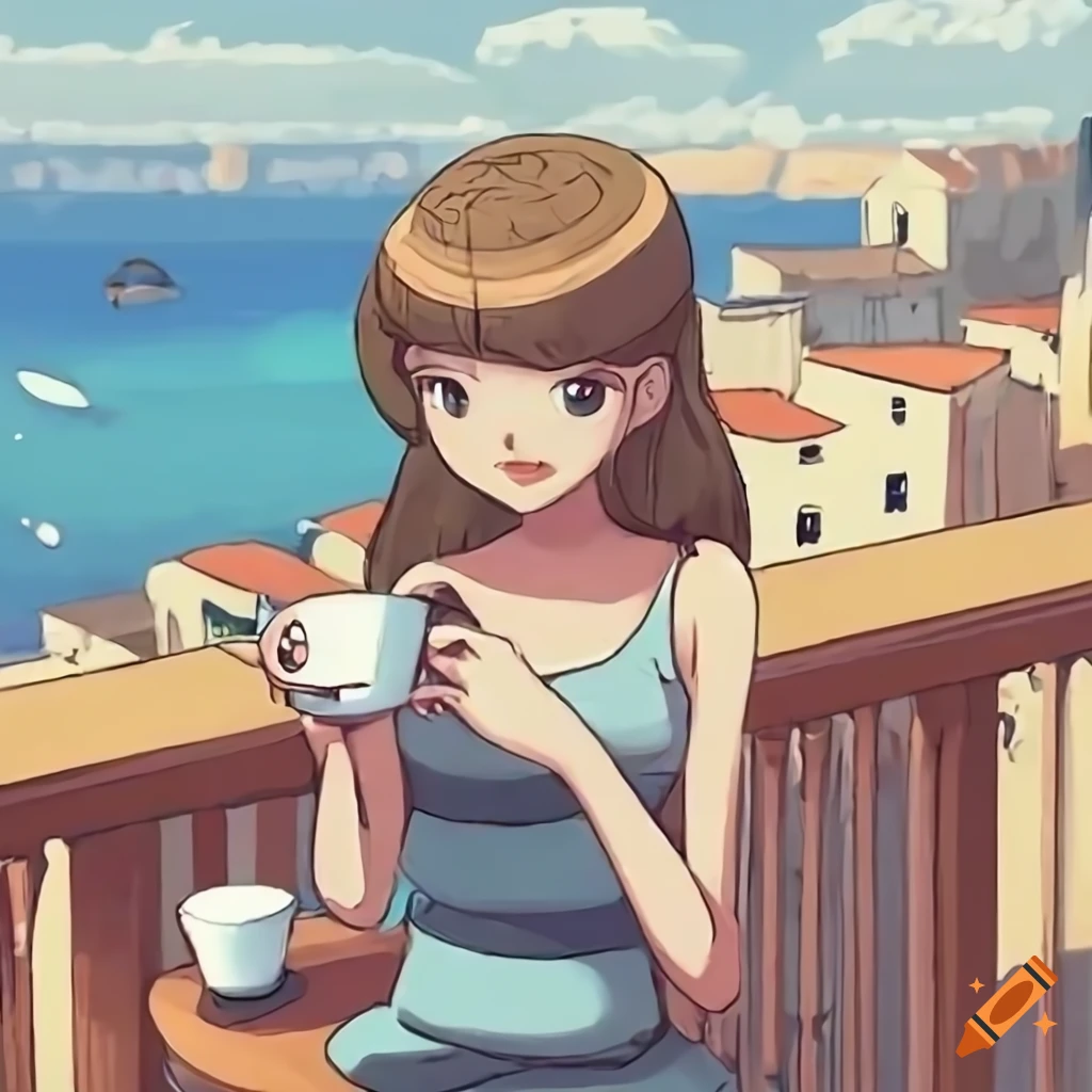 Pokémon official art of a woman enjoying coffee on a balcony