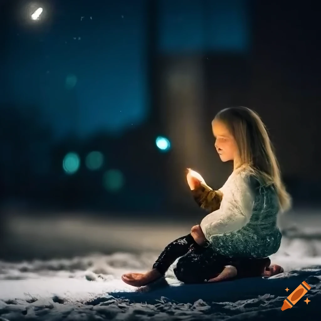 image of a girl lighting a match on a snow-covered street