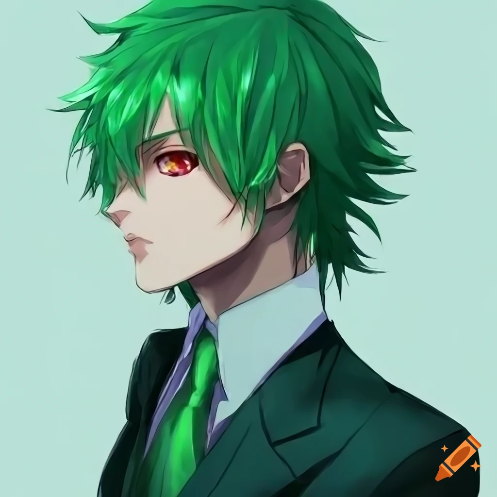 Mug Shot Of An Anime Character With Green Hair And Red Eyes