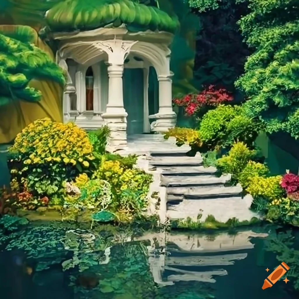 baroque garden with a white house and pond