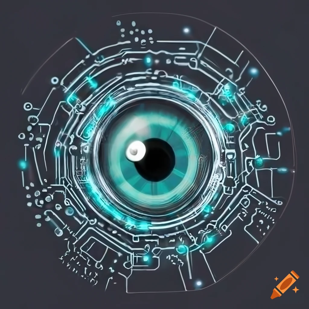 Black and white image of a robotic eye with circuits on Craiyon