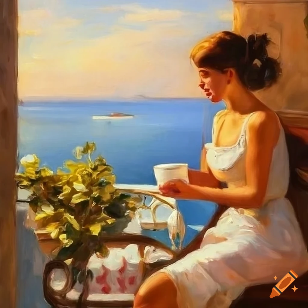 oil painting of a young lady enjoying coffee on a balcony