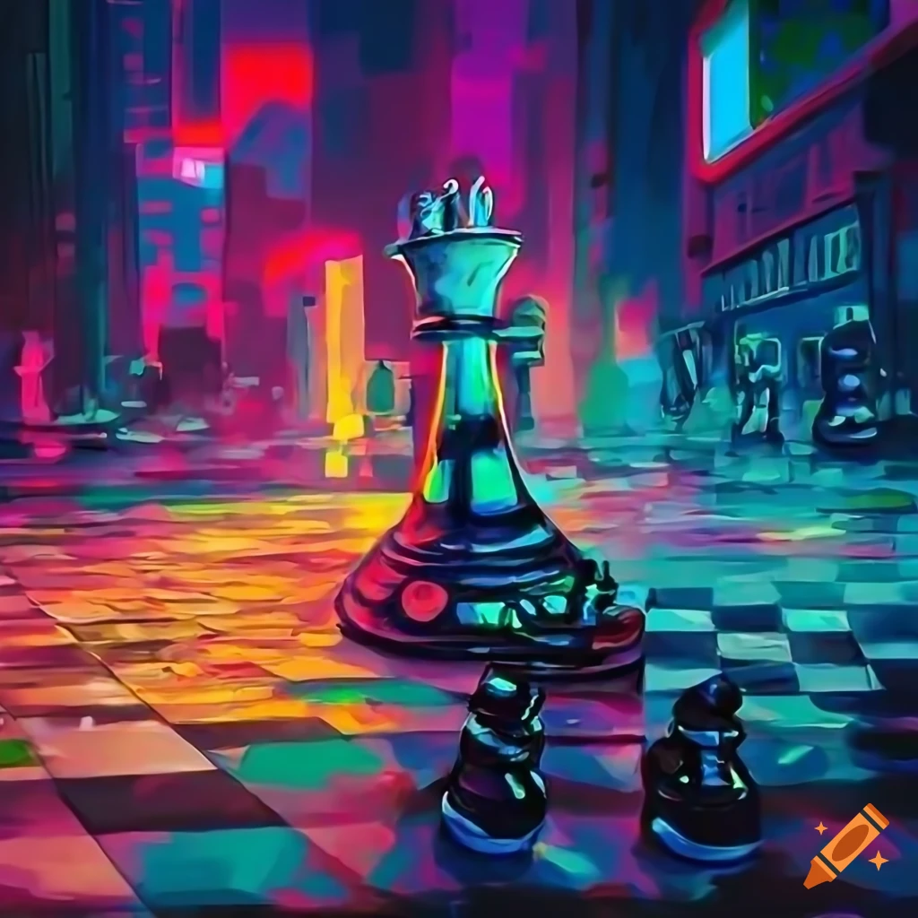 A chess board set up for a strategic game in hyper realistic brilliant neon  rainbow cyber punk