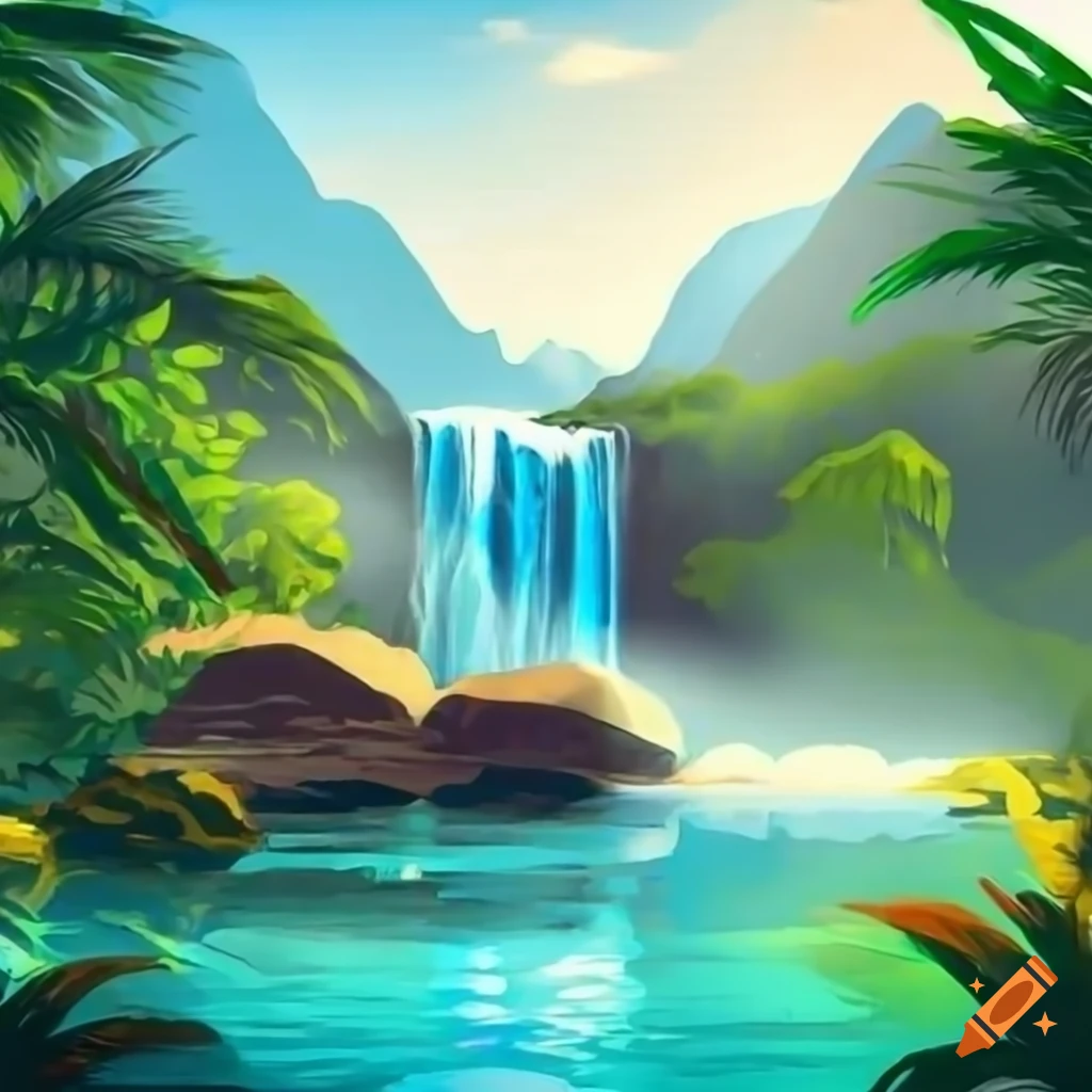 Tropical oasis advertisement with mountain and waterfall on Craiyon