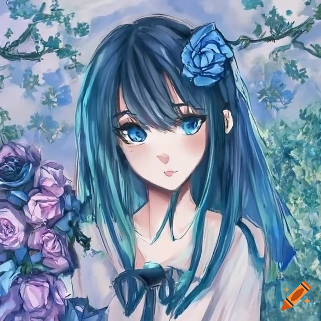 anime girl with blue roses in a cottagecore aesthetic