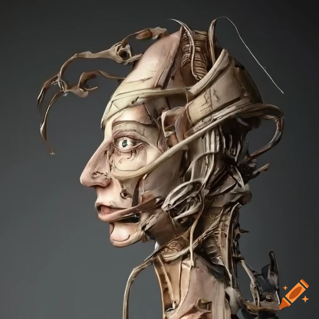 mixed media biomechanical sculpture of a human body