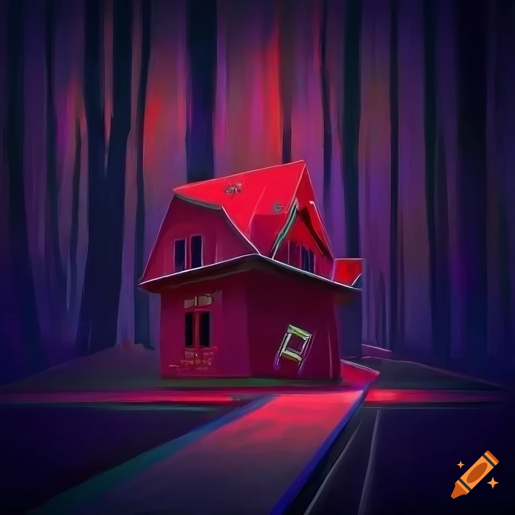 acrylic art of a red monopoly hotel in the forest