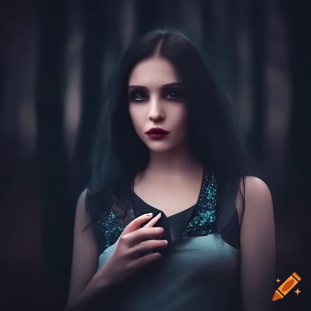 Beautiful mysterious mystical girl with long hair in black dress