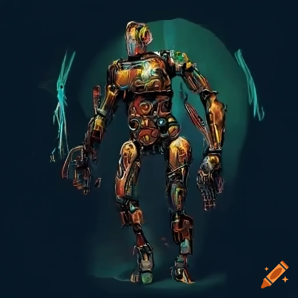 metallic warforged humanoid robot with computer screen face
