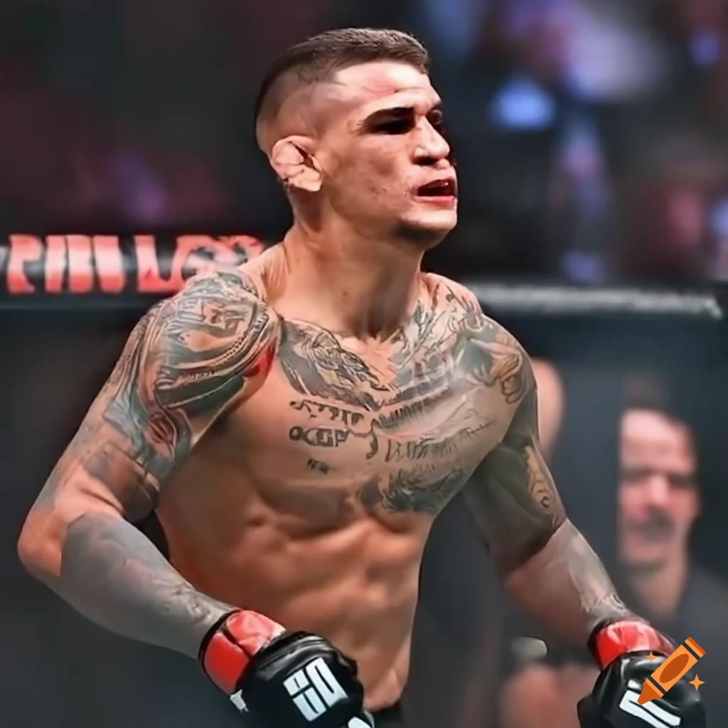 intense MMA fight scene with Dustin Poirier dominating