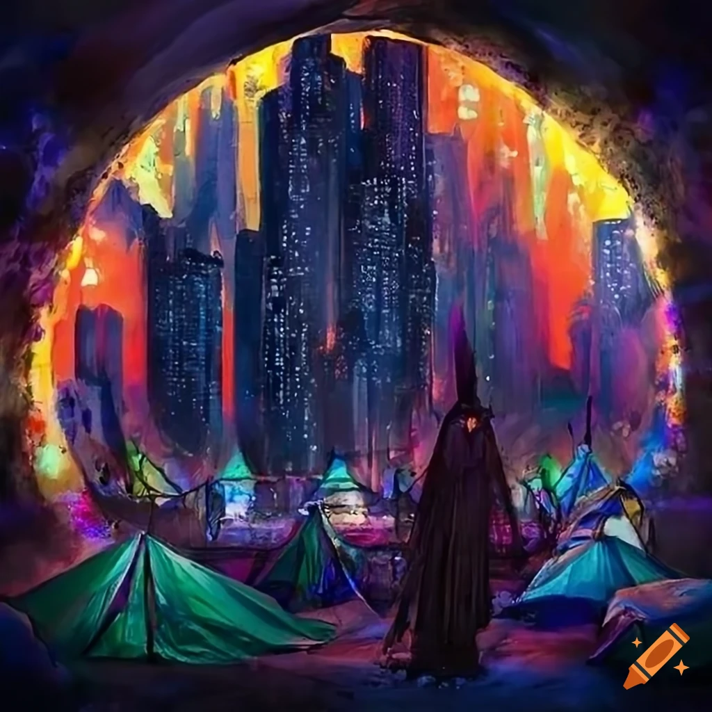 illustration of a dark witch creature surrounded by enchanting tents