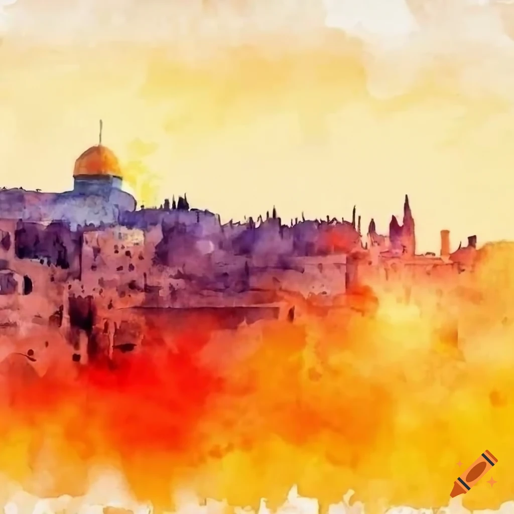 Watercolor painting of jerusalem’s old city at sunset on Craiyon