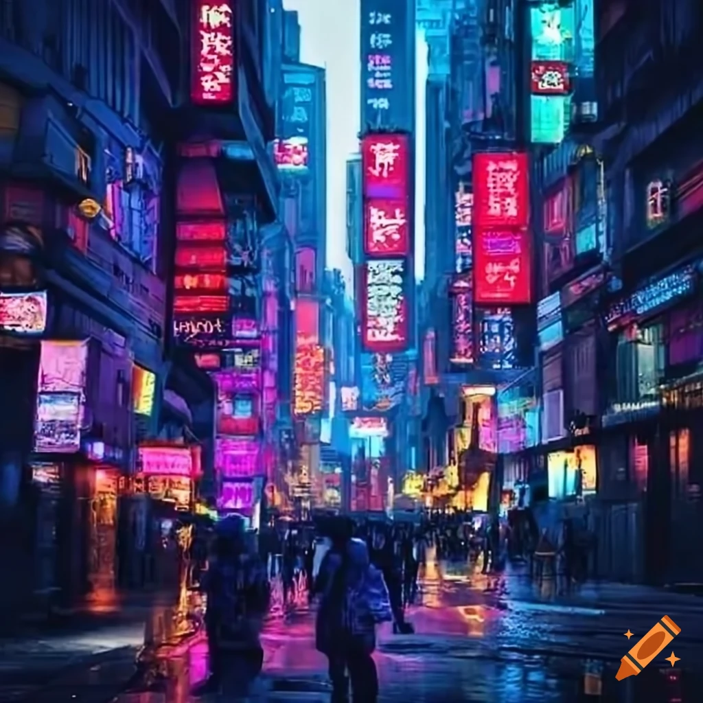 Cyberpunk cityscape with neon lights and crowded streets on Craiyon