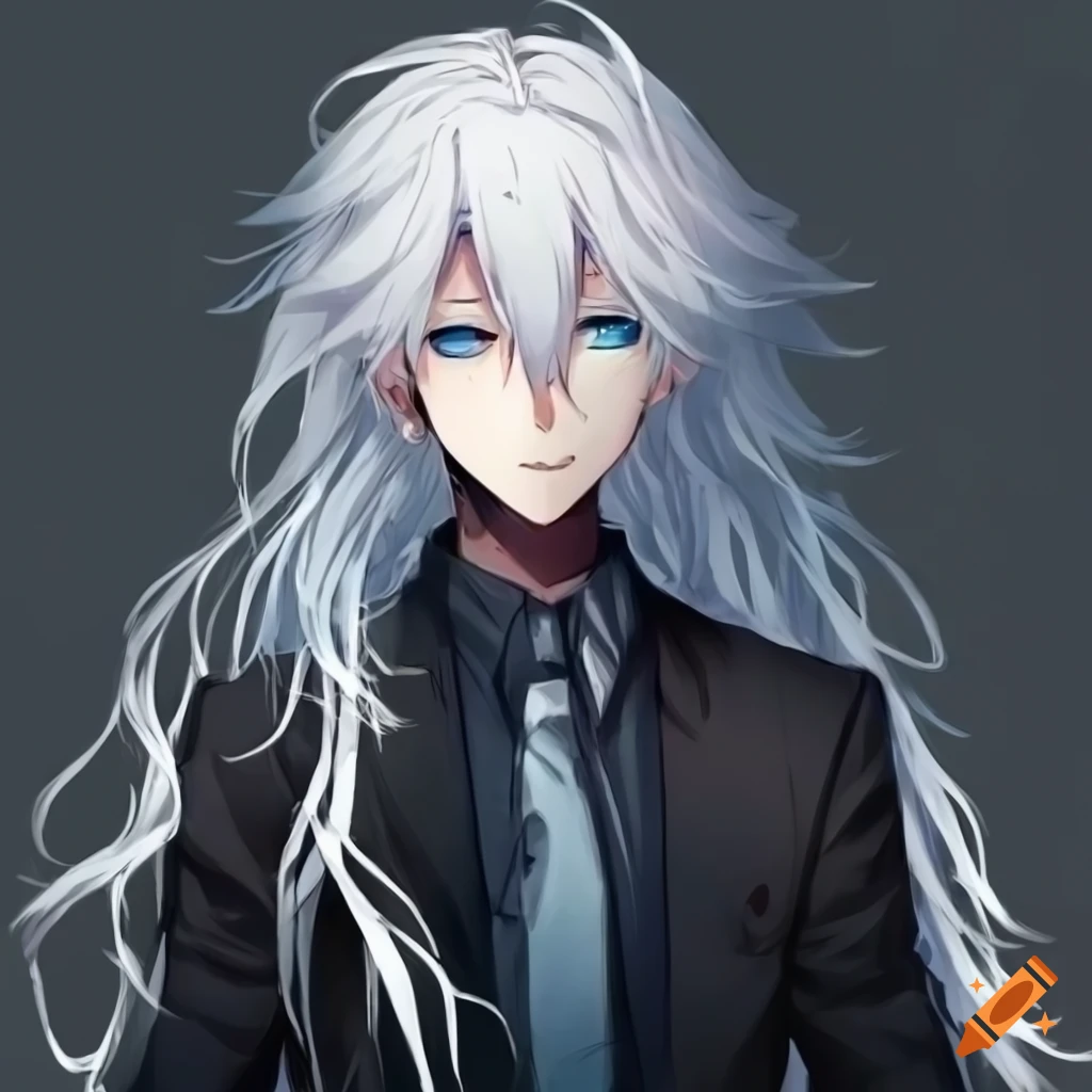 art of an anime boy with long white hair and blue eyes