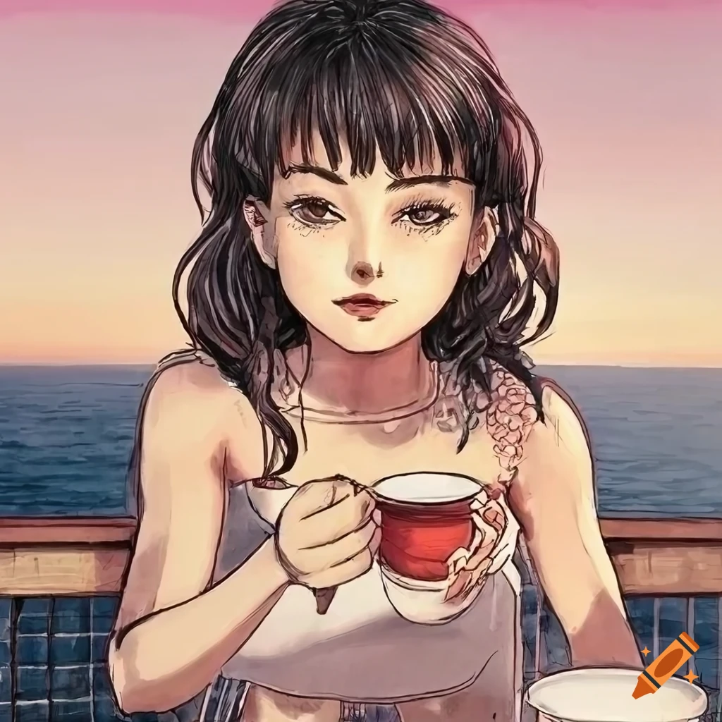 manga art of a lady with coffee on a balcony