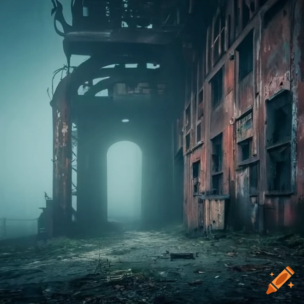 foggy abandoned industrial complex with a rusty biomech style