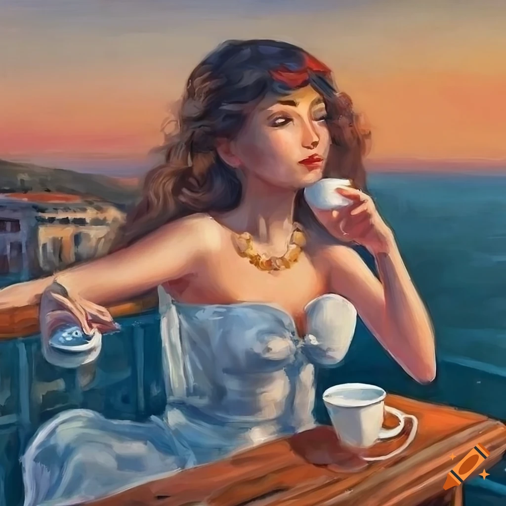 painting of a lady enjoying coffee on a balcony