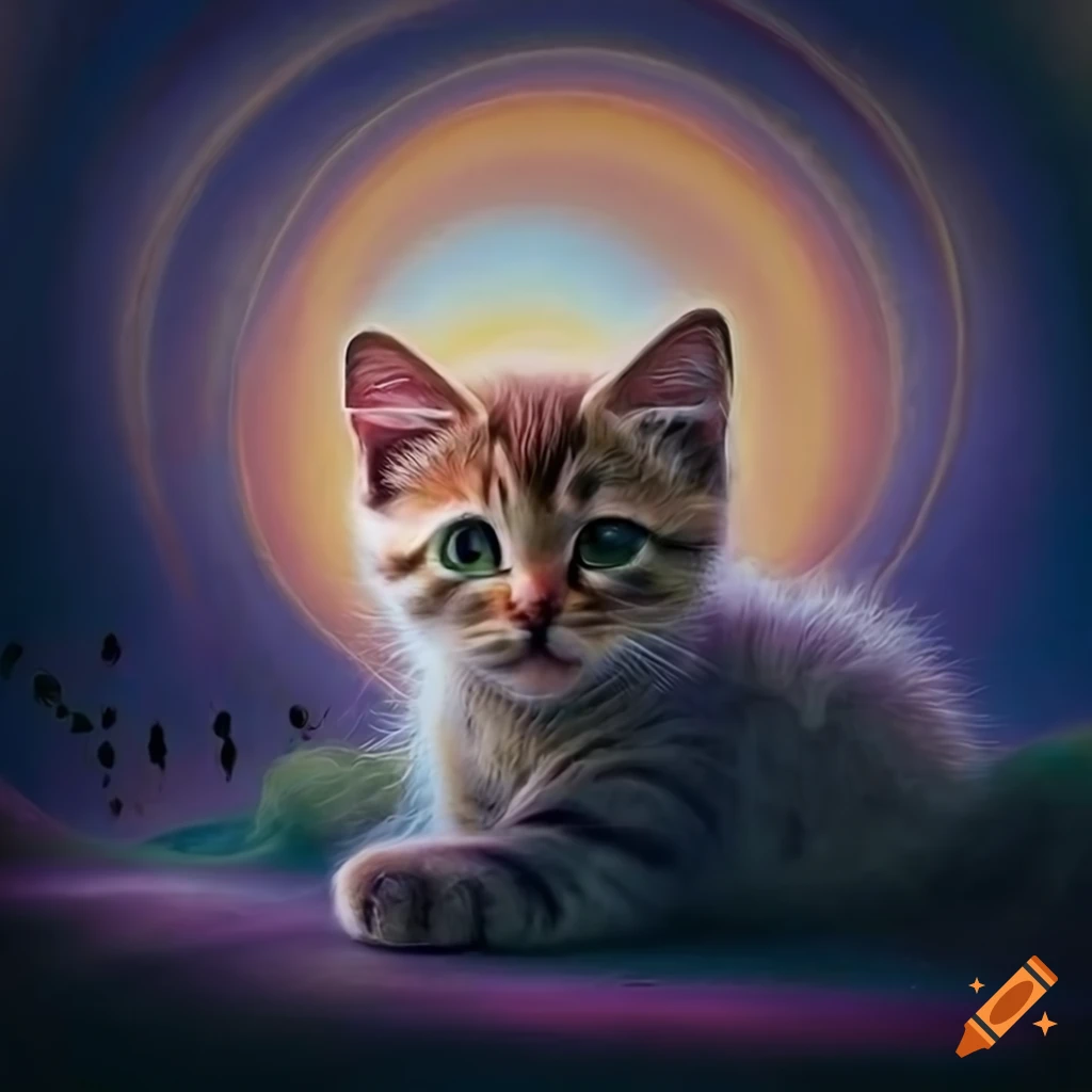 hyper-realistic painting of a kitten in a fantasy landscape