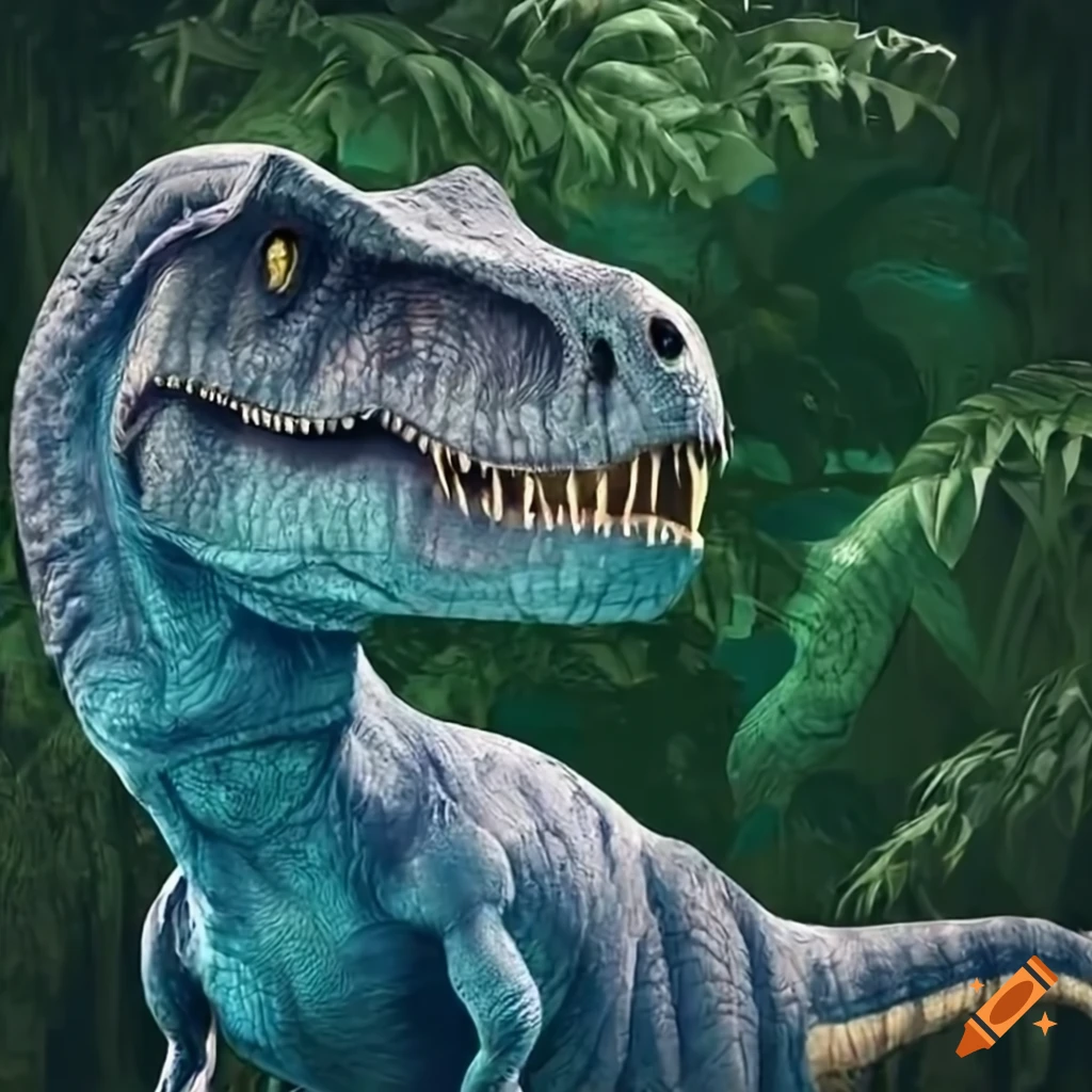 illustration of a blue tyrannosaurus in the jungle