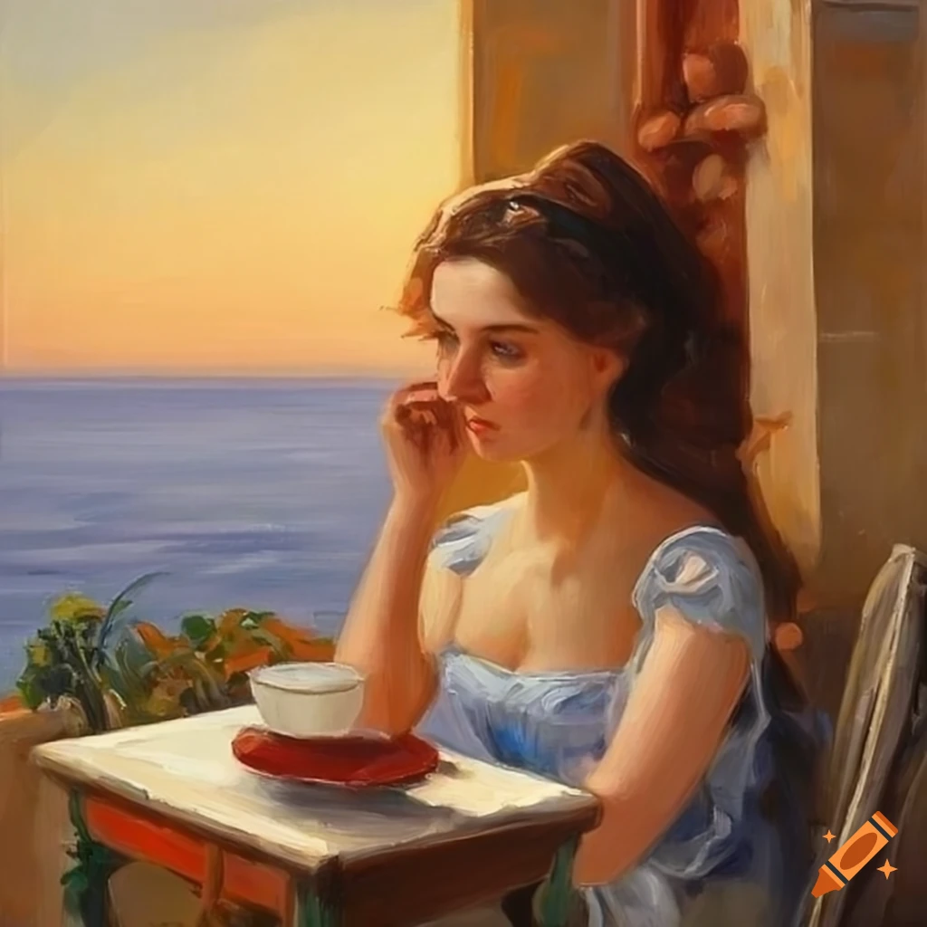 oil painting of a young lady enjoying coffee on a balcony