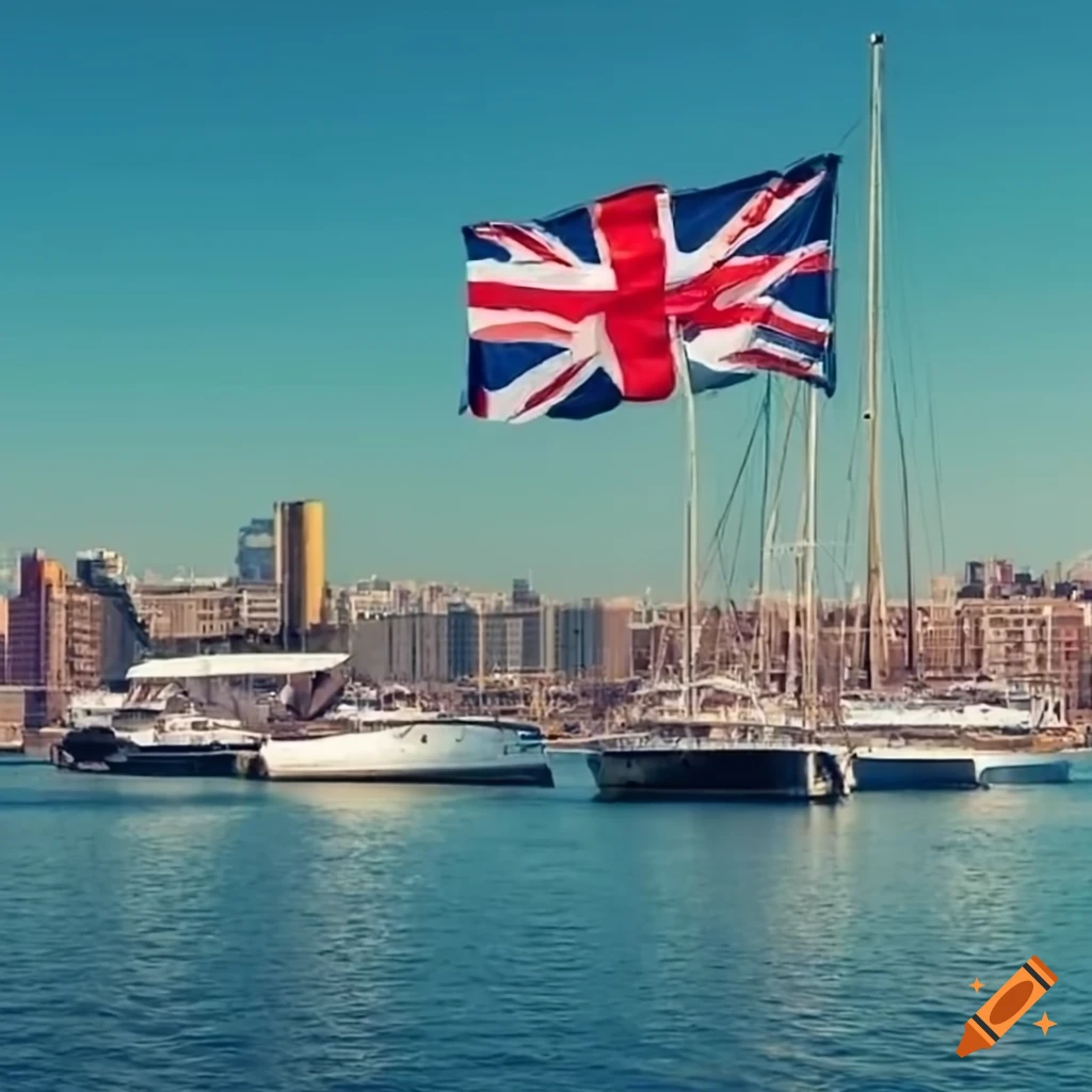 Boats with united kingdom flag in barcelona port