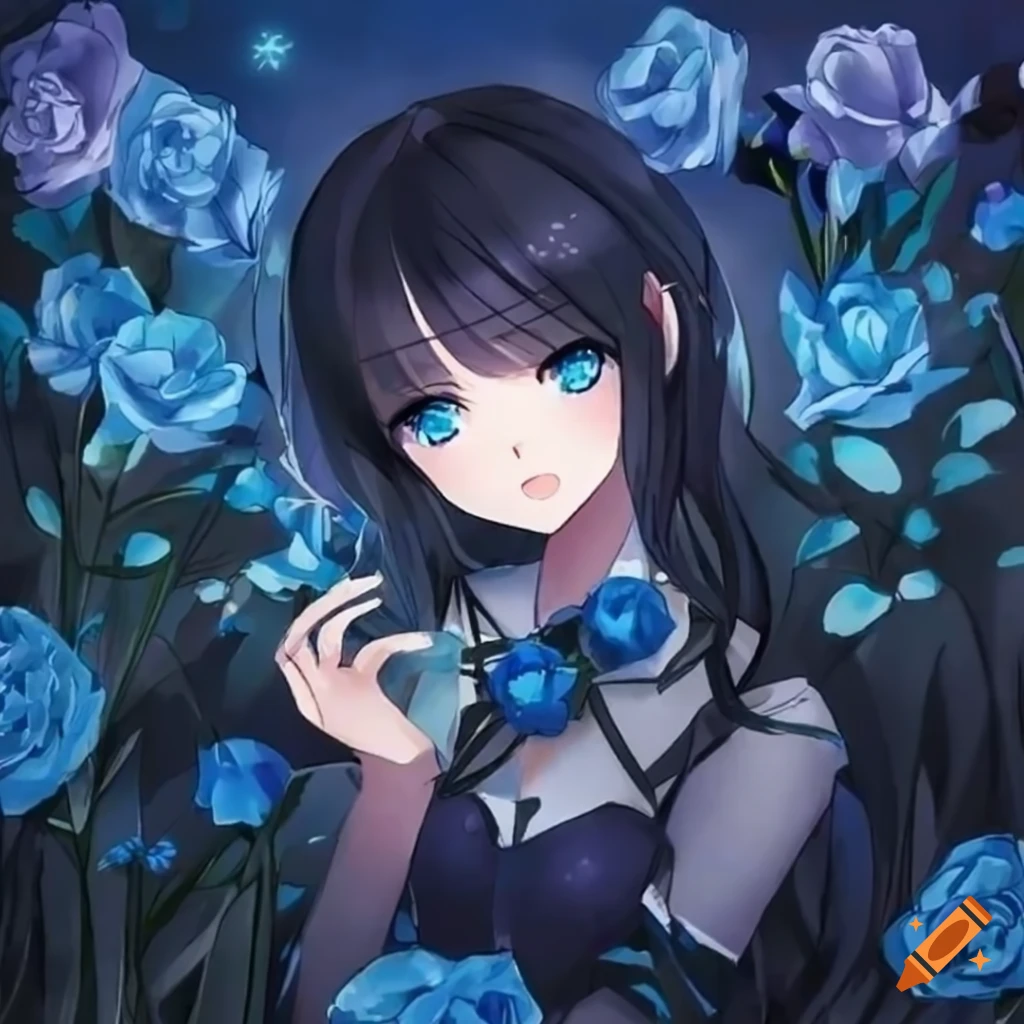 anime girl with blue roses in a cottagecore aesthetic