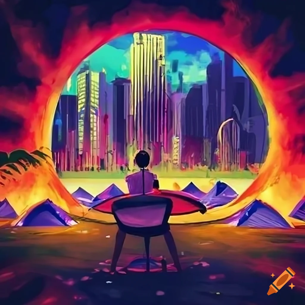 illustration of a magical drumming character in a dark chaotic night