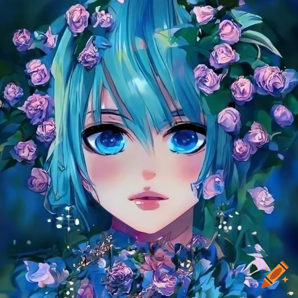 anime girl surrounded by blue roses