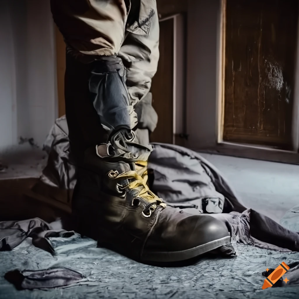 Young man in camo trousers and steel-cap boots in abandoned room on Craiyon