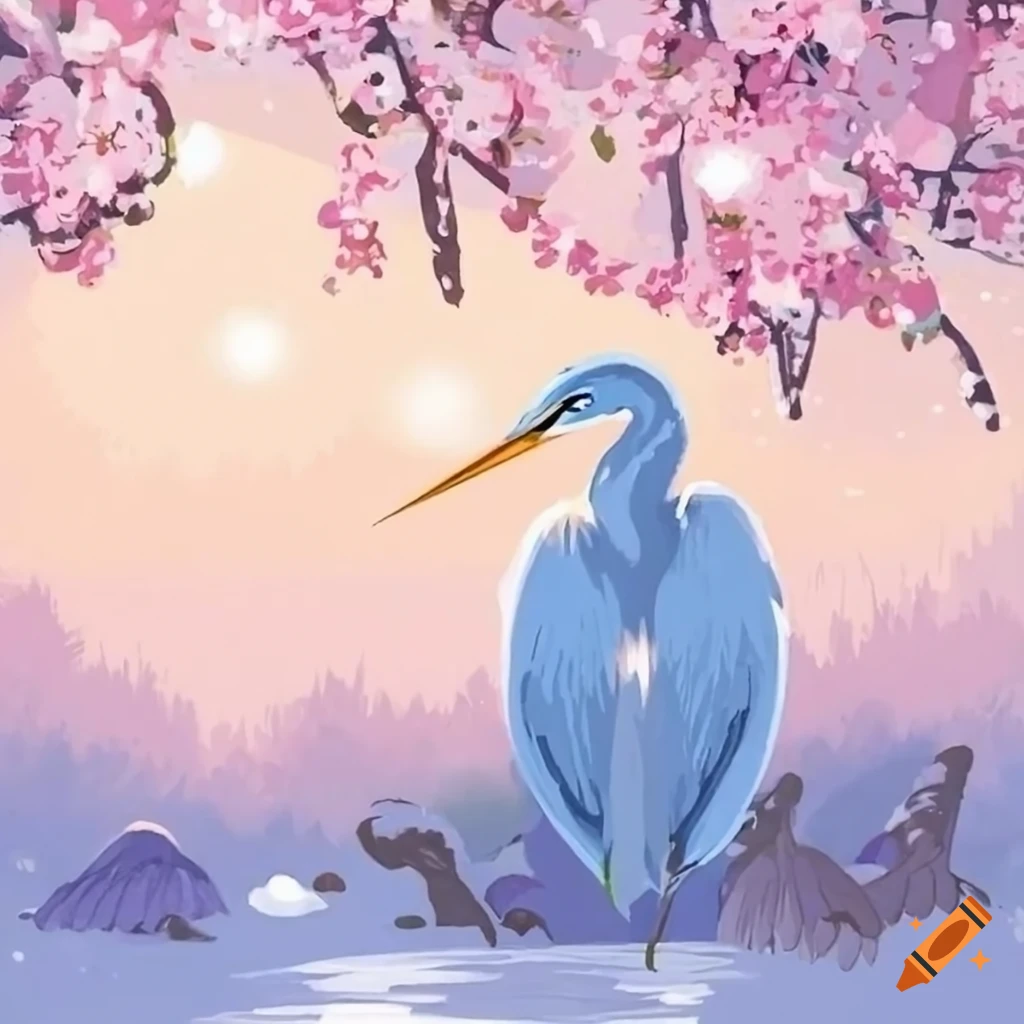 white heron under sakura in a snow paint style