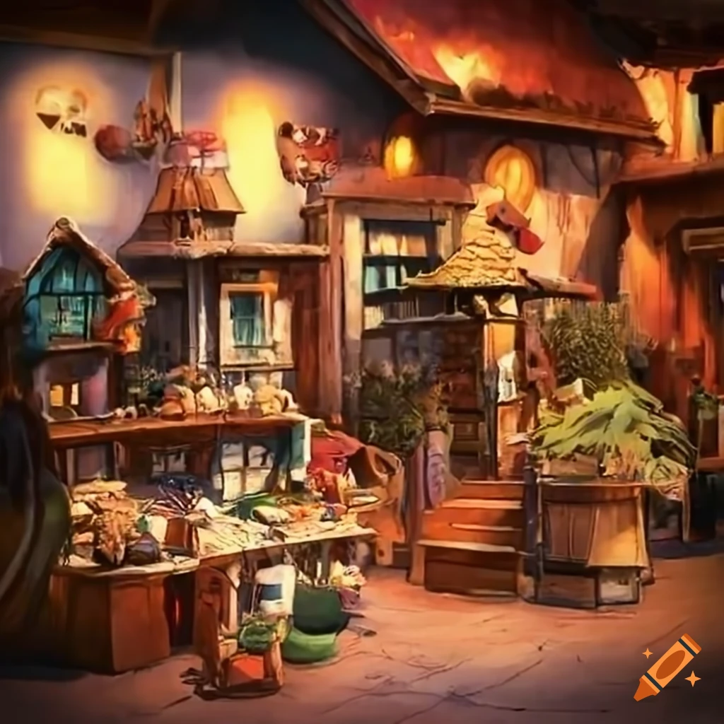 Village marketplace with a wide variety of goods on craiyon