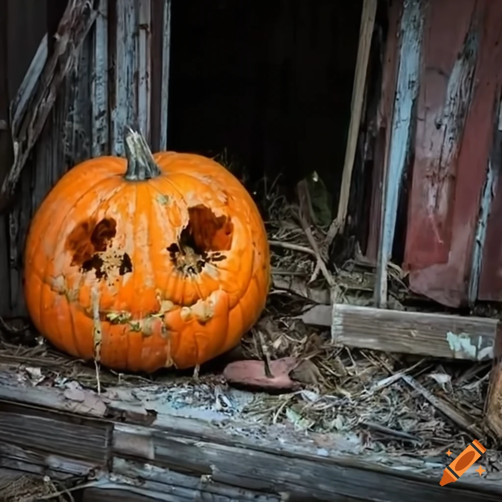 creepy scene of decaying pumpkins in an old shed