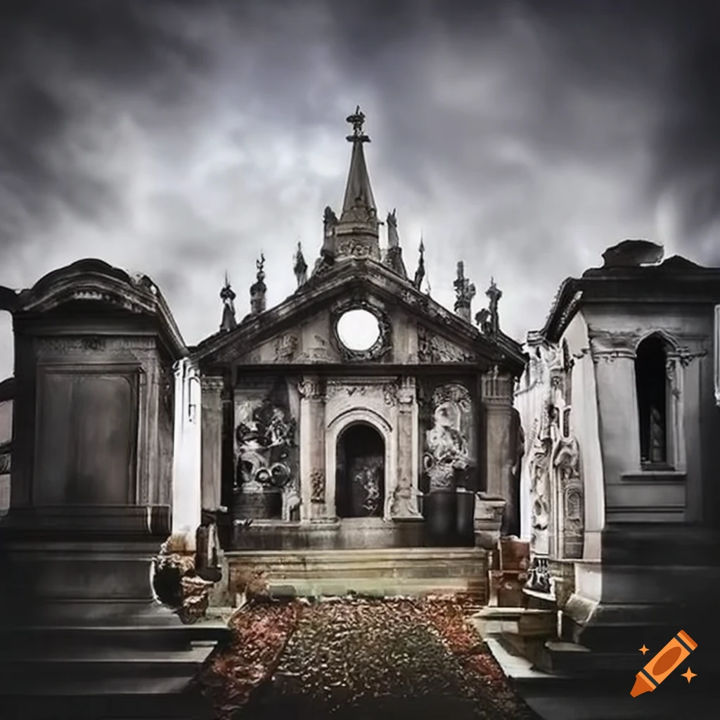 elaborate tombstones in an eerie cemetery