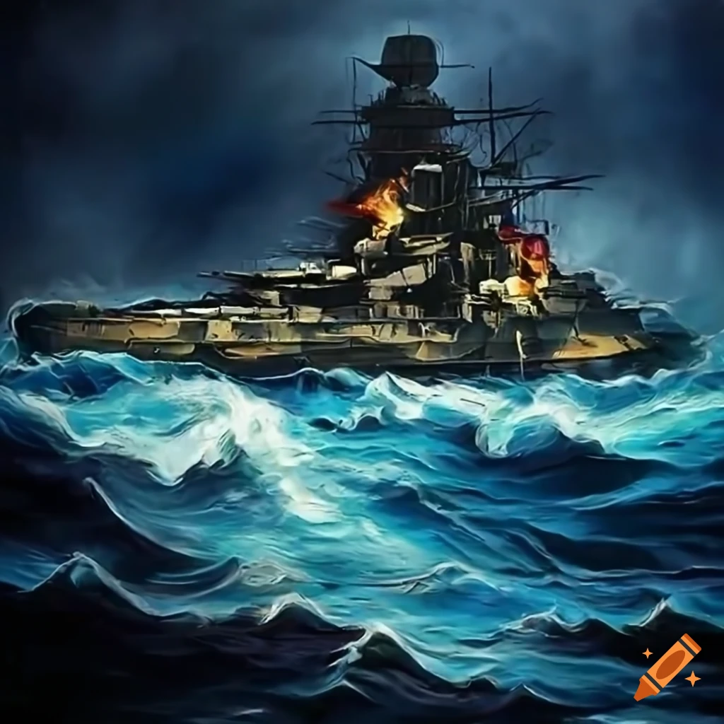 Dark And Stormy Scene Of A Burning Battleship In The Ocean On Craiyon