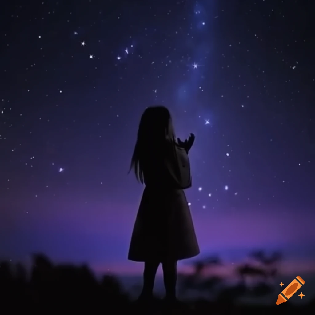 Night Sky with Stars Girl Silhouette on a Car Hood Dreaming Stock