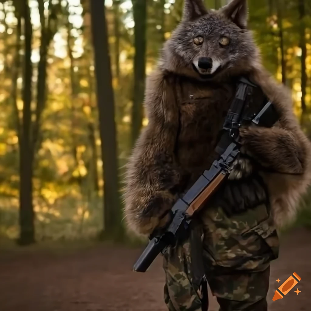 anthropomorphic wolf in military fatigues walking through a forest at sunset