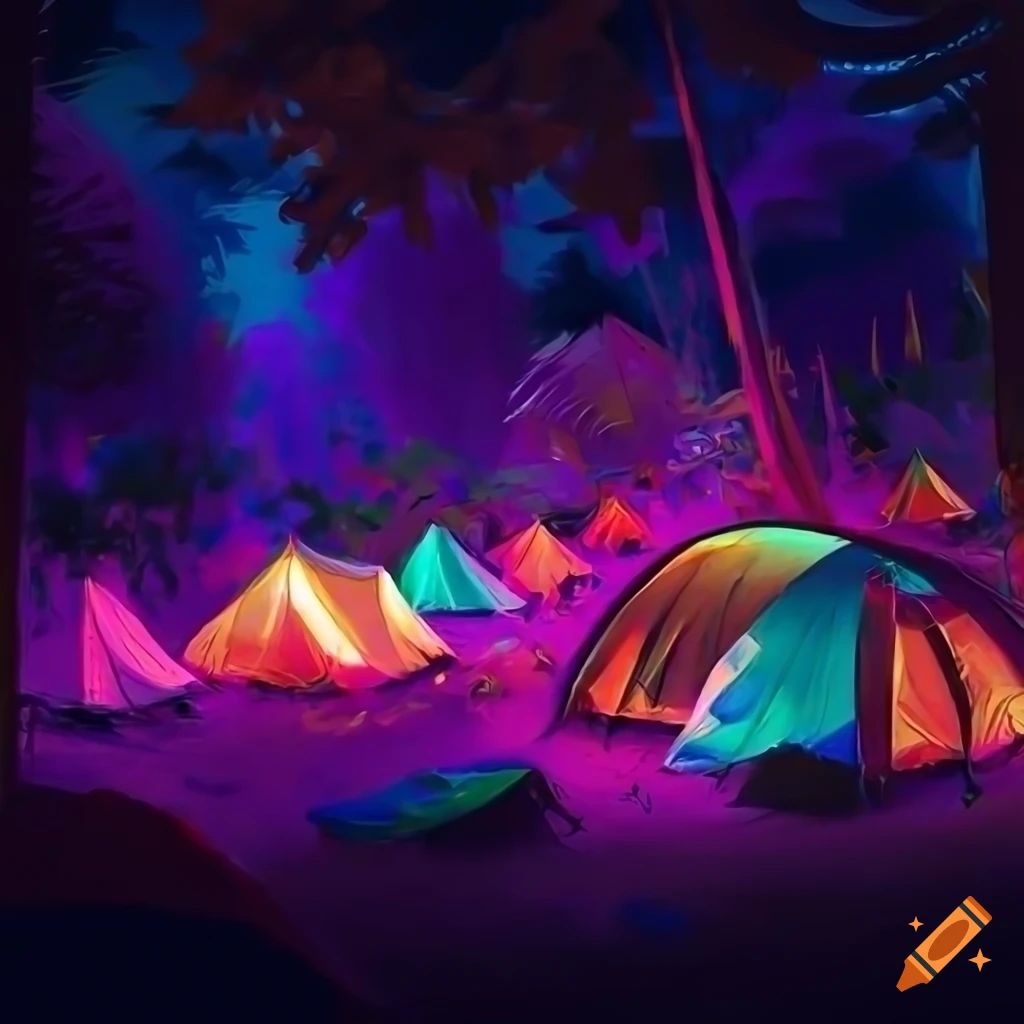 Acrylic painting of colorful tents in a dark cityscape on Craiyon
