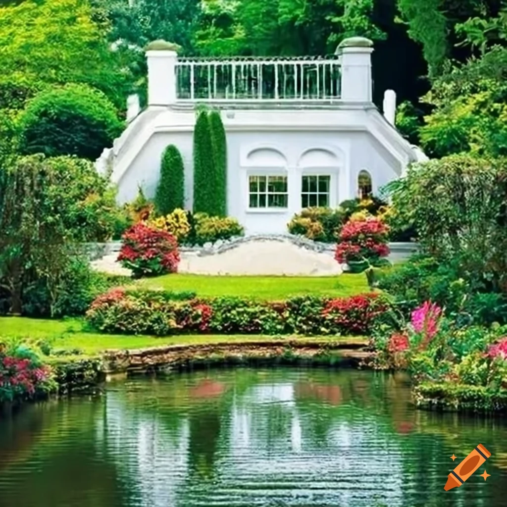 white baroque house in a leafy garden with ponds and flowerbeds
