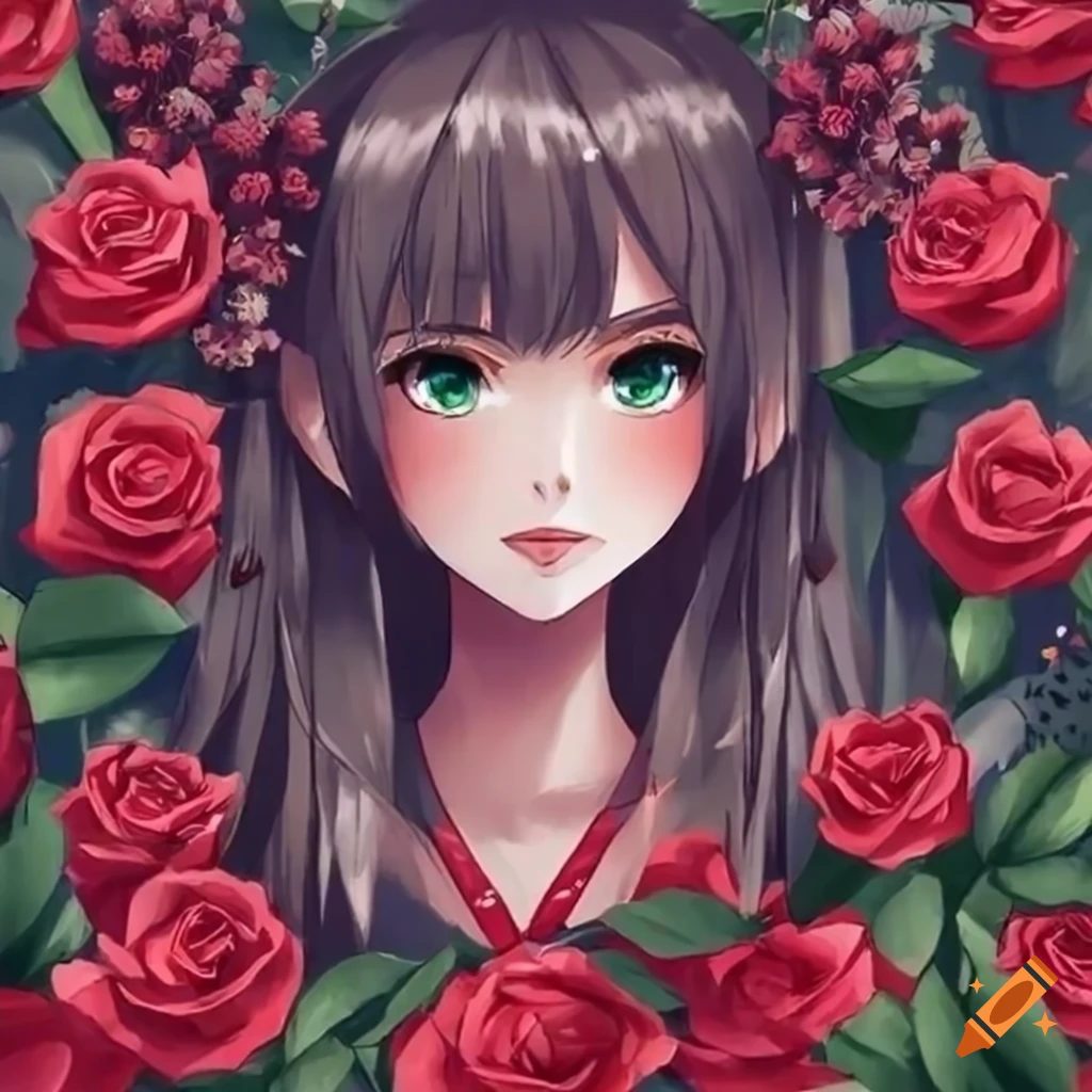 anime girl surrounded by red roses in a cottagecore aesthetic