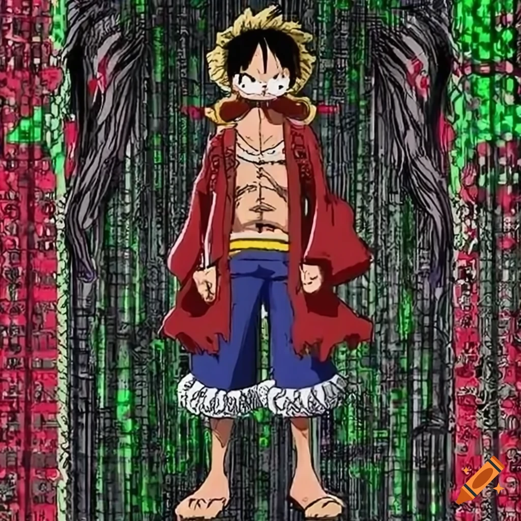 One Piece character dressed as a hacker in matrix code background