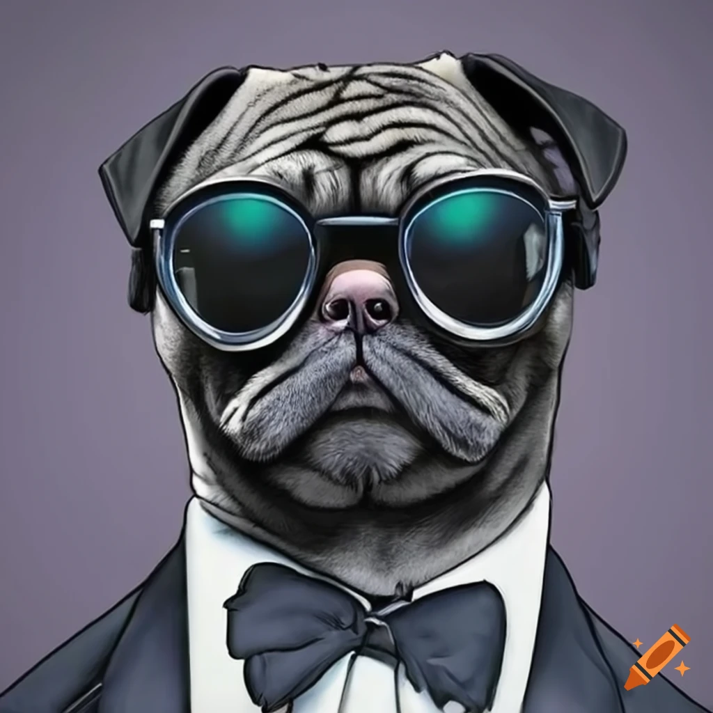 Character of pug dog wearing colorful sunglasses