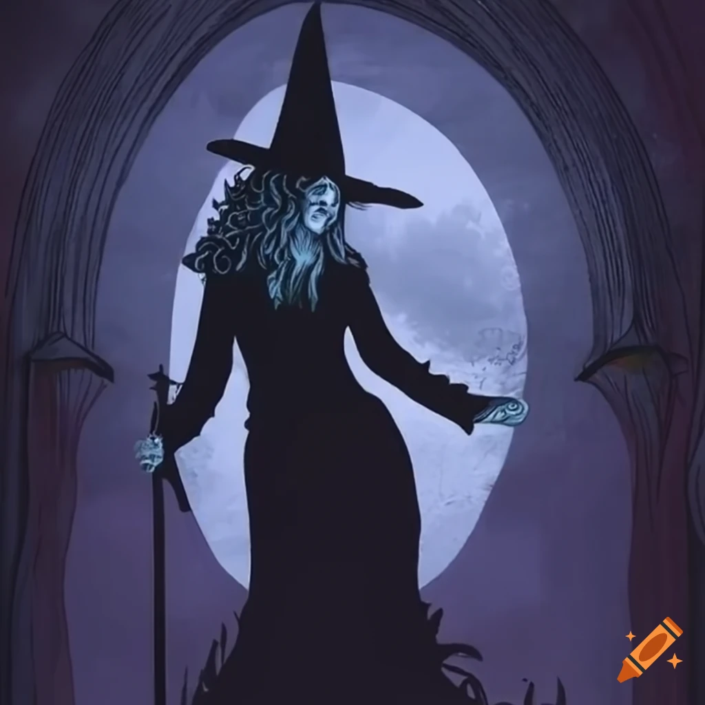 tarot card with a shadowed Halloween witch