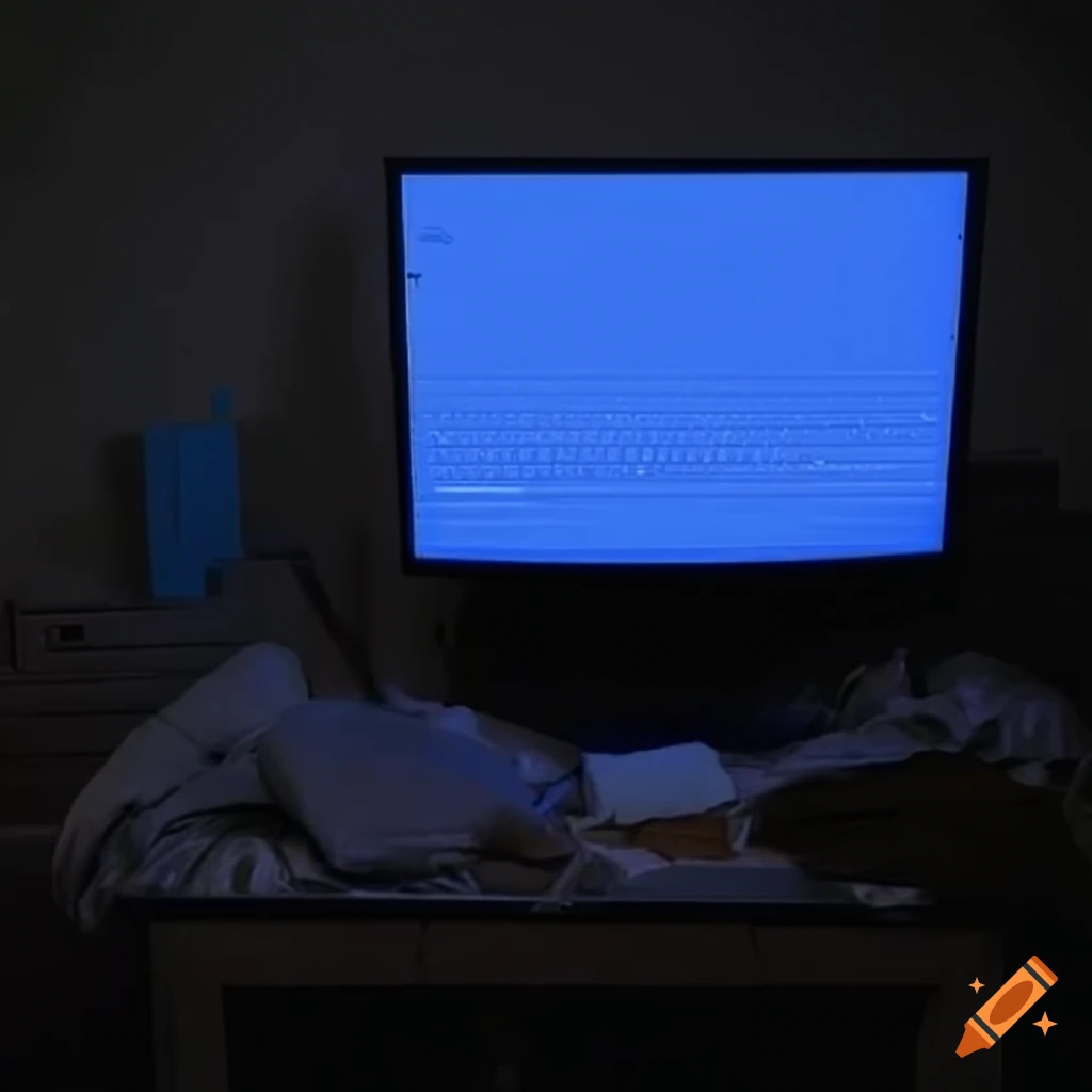 dark bedroom with a computer desk and a dimly lit screen