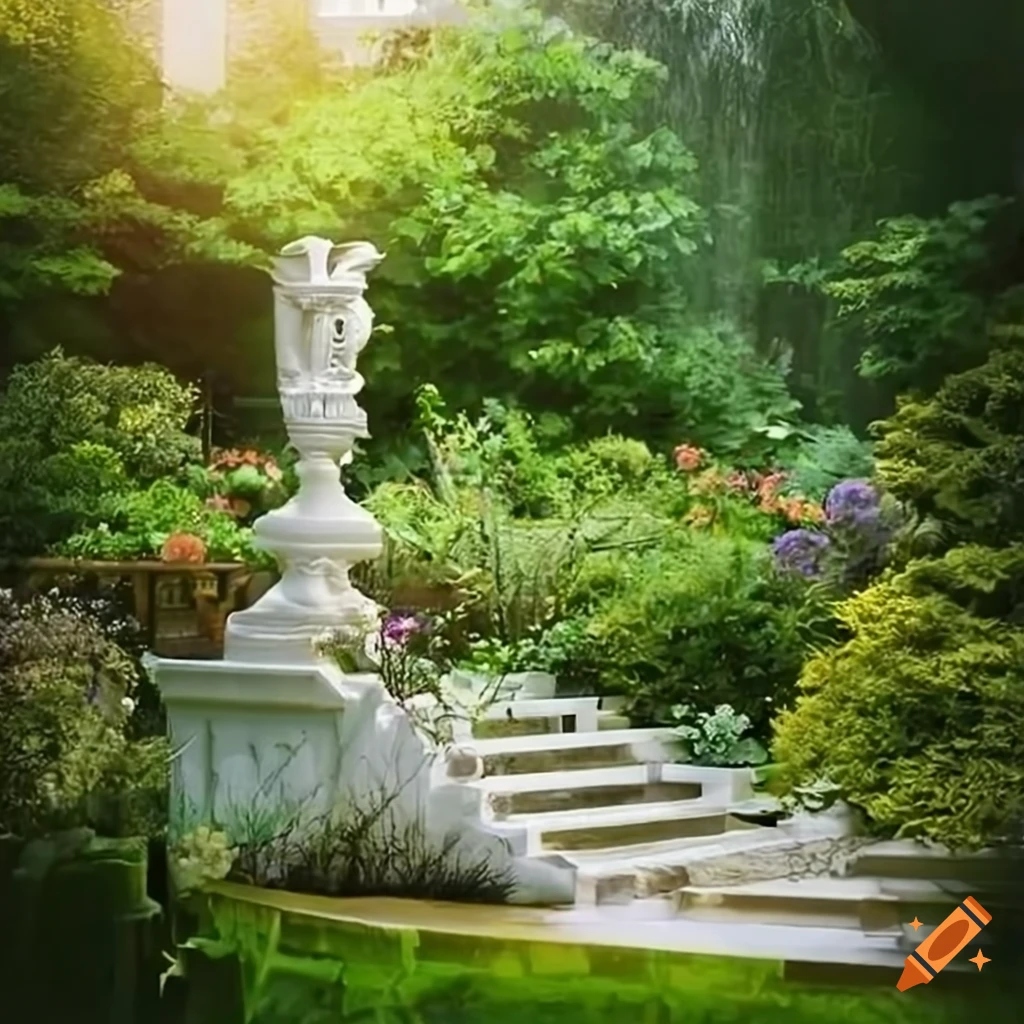 baroque garden with a white house and pond