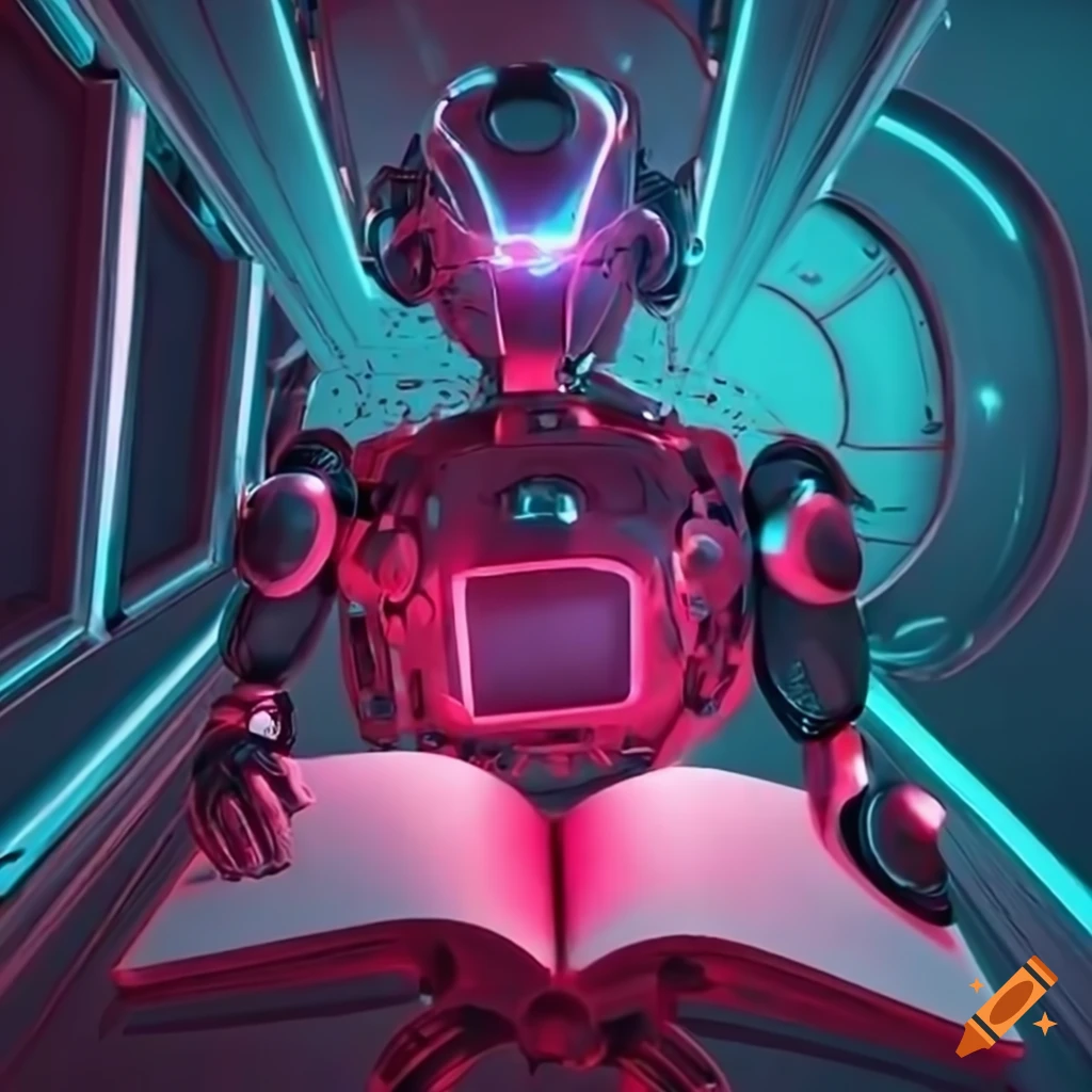 futuristic robot reading glowing book in red-lit room