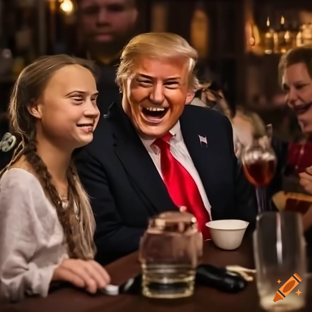 Greta Thunberg and Donald Trump laughing at a bar