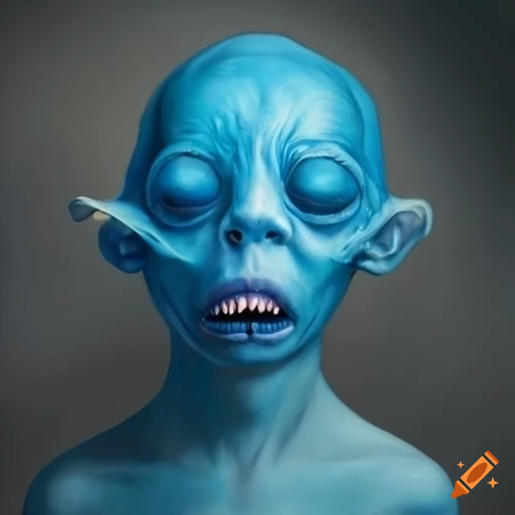 surreal hyper-realistic painting of a light blue plastic monster